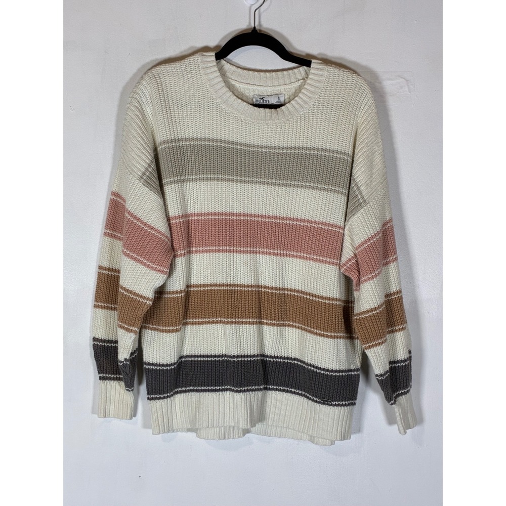 Hollister Women's Small Striped Chunky Knit Sweater Balloon Sleeve Neutral